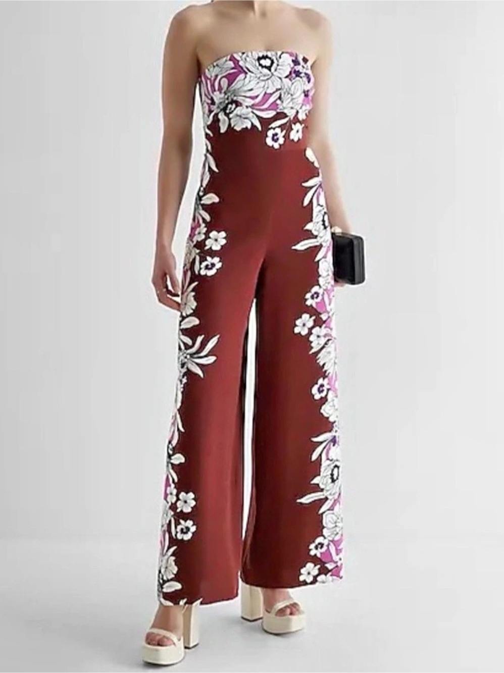 Express Floral Strapless Wide Leg Jumpsuit in Burgundy